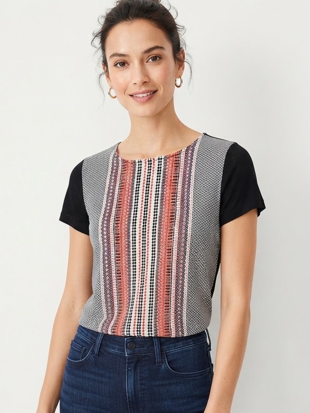 Ann Taylor Petite Geometric Mixed Media Short Sleeve Top Black Red Size Small